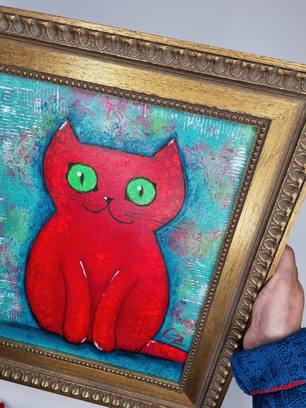 (Neon)Orangepinke Miezekatze auf türkis – Bild 3